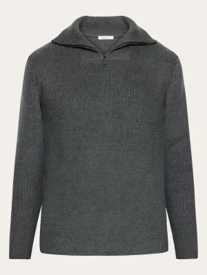 1/2 neck zip merino wool rib knit - Dark Grey Melange Knowledge Cotton