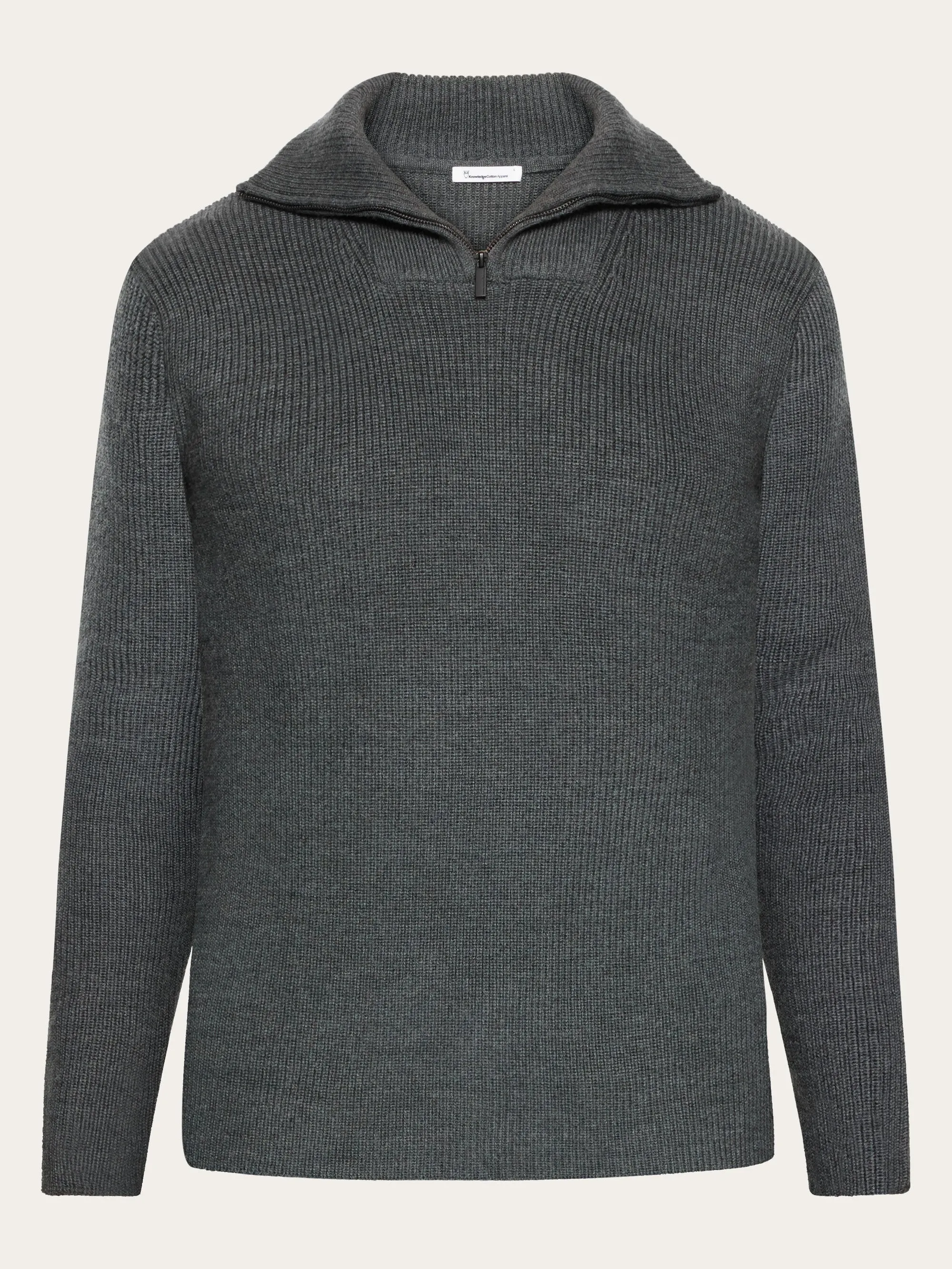 1/2 neck zip merino wool rib knit - Dark Grey Melange Knowledge Cotton