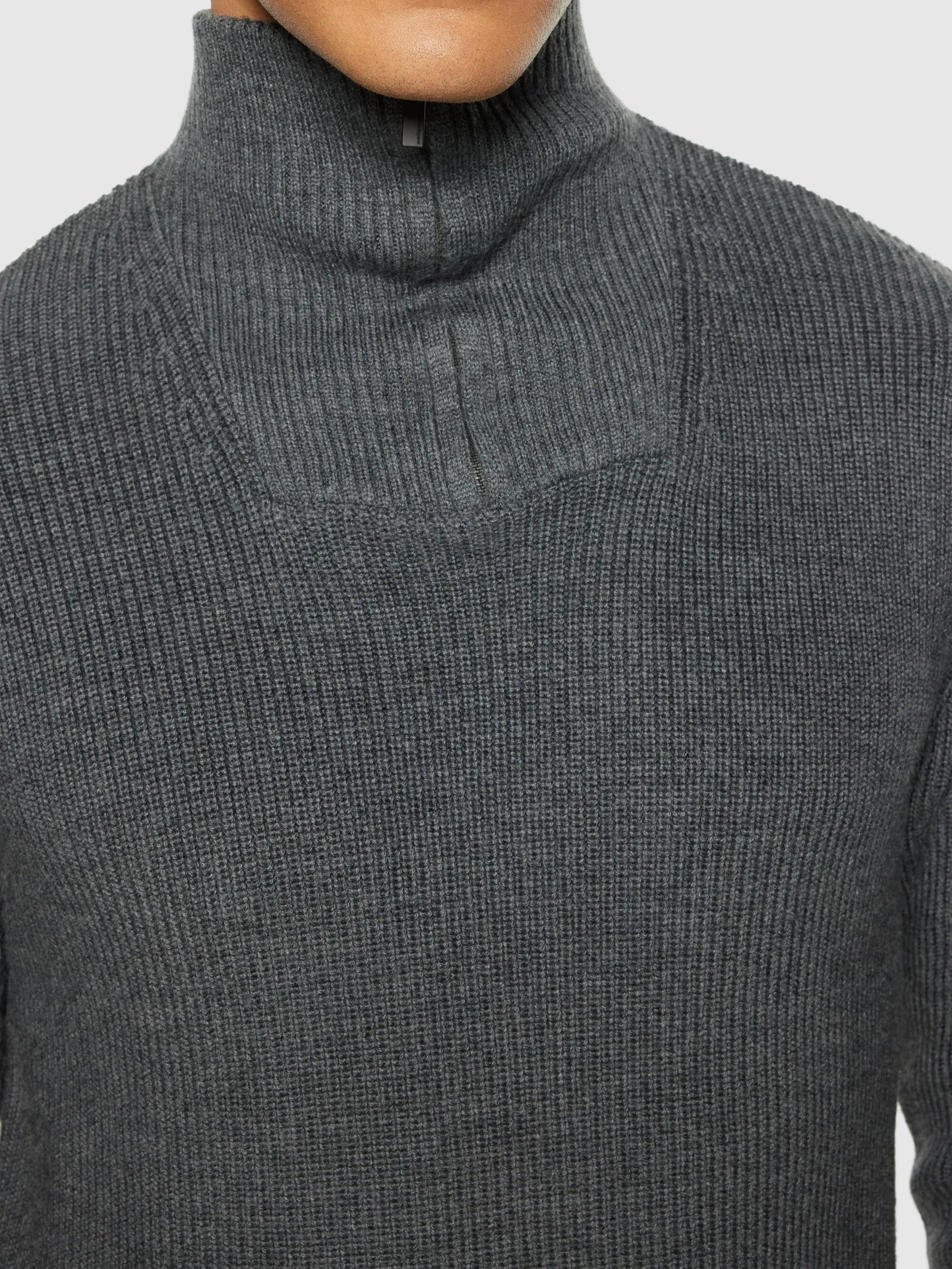1/2 neck zip merino wool rib knit - Dark Grey Melange Knowledge Cotton