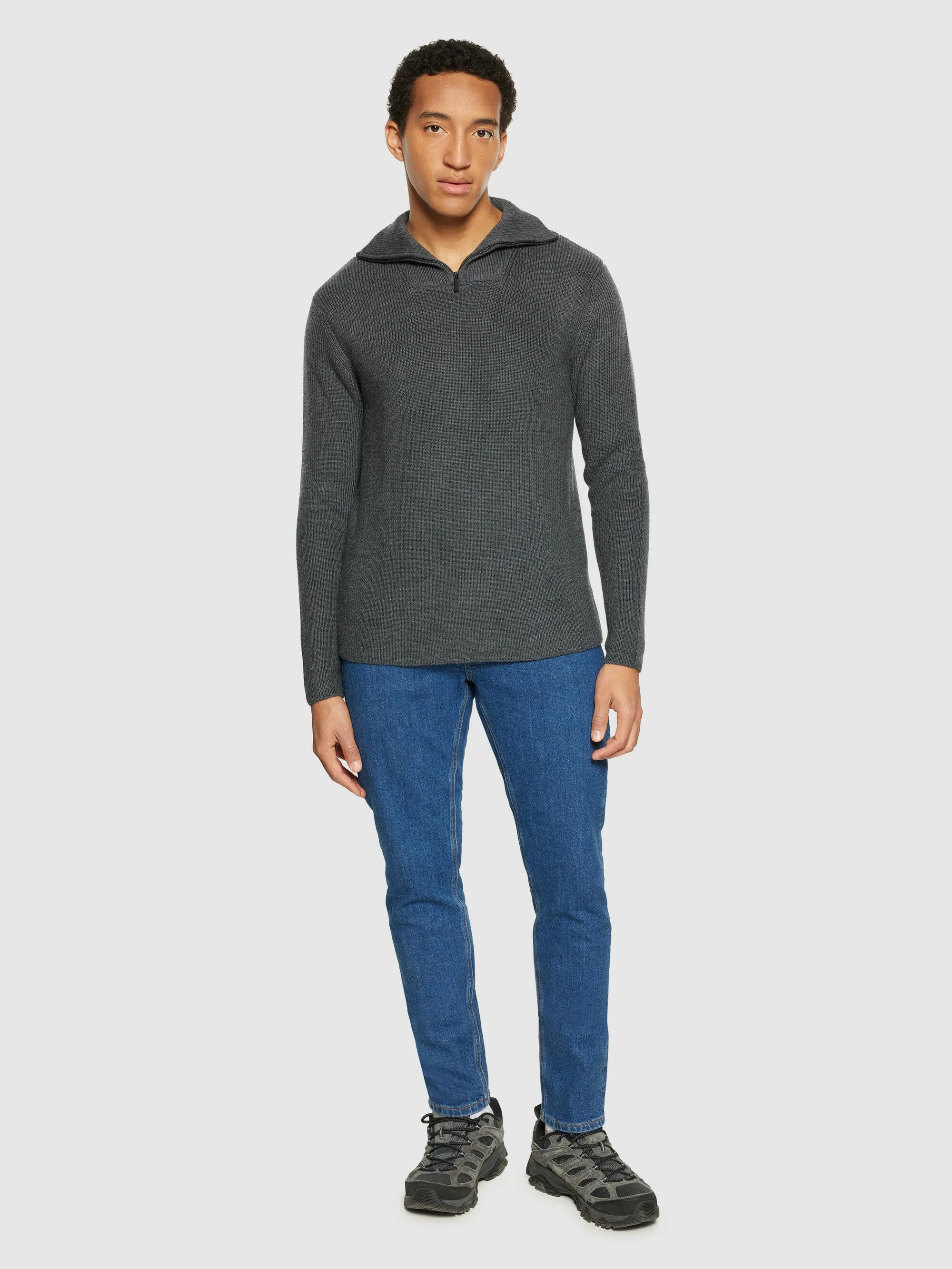 1/2 neck zip merino wool rib knit - Dark Grey Melange Knowledge Cotton