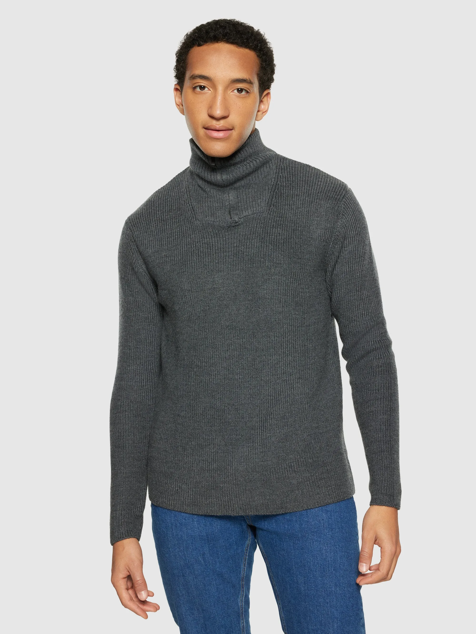 1/2 neck zip merino wool rib knit - Dark Grey Melange Knowledge Cotton