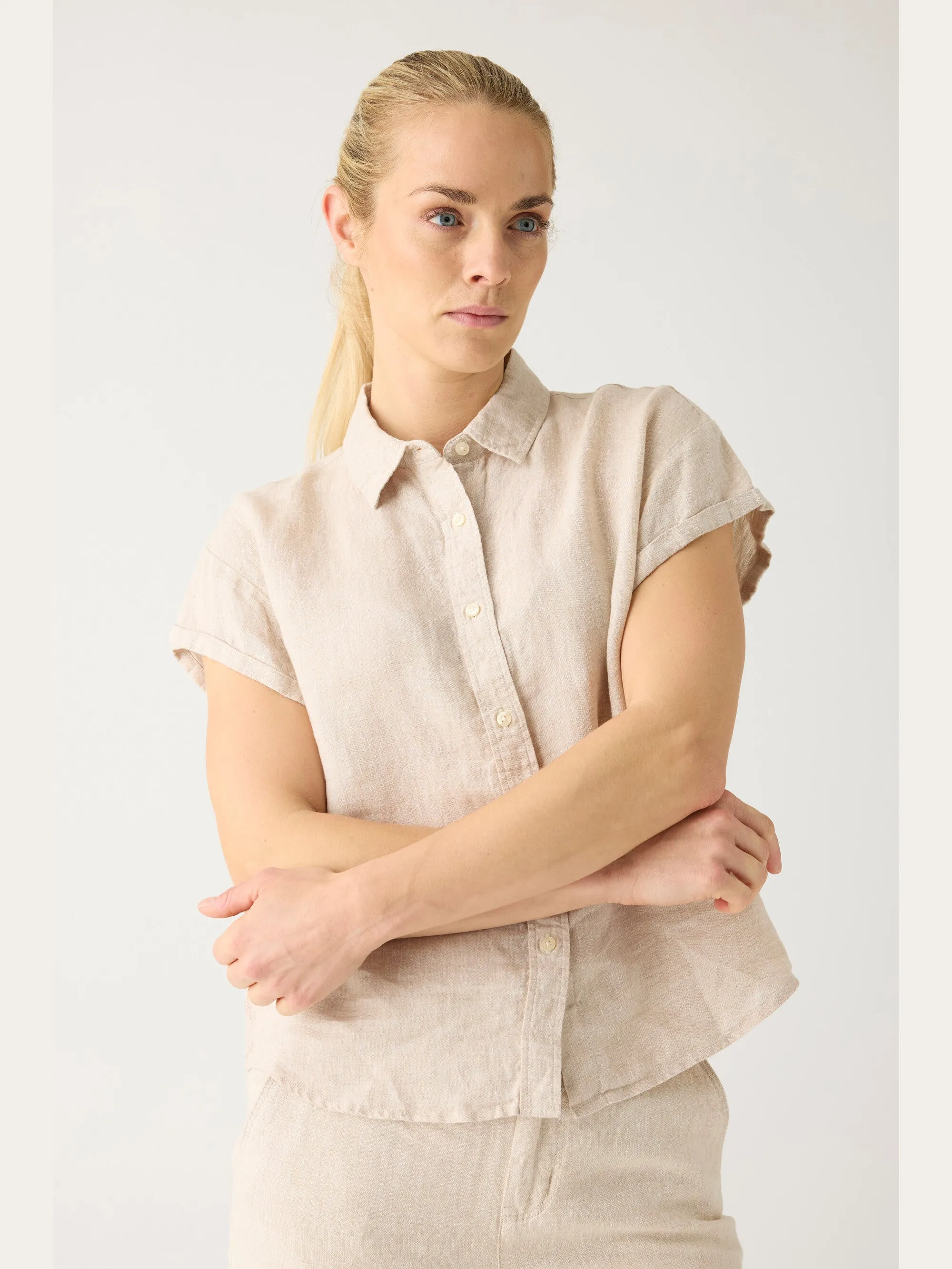 ASTER fold up short sleeve linen shirt - Yarndyed - Light feather gray Knowledge Cotton