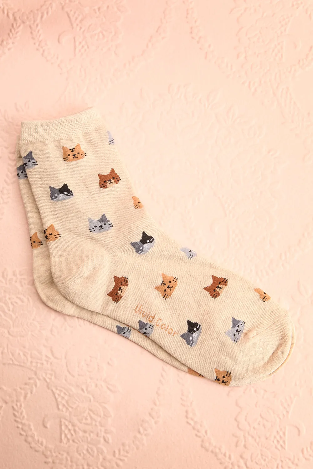 Basel Beige | Cat Print Crew Socks