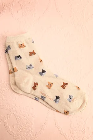 Basel Beige | Cat Print Crew Socks