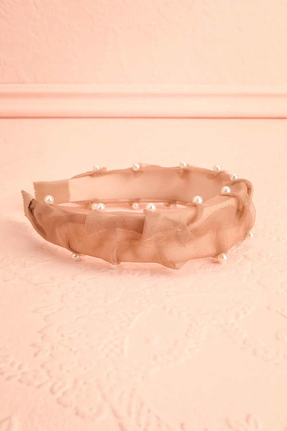Bessy Taupe | Headband w/ Tulle & Pearls