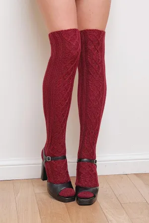 Bois Cannelle Burgundy | Cable Knit Knee-High Socks