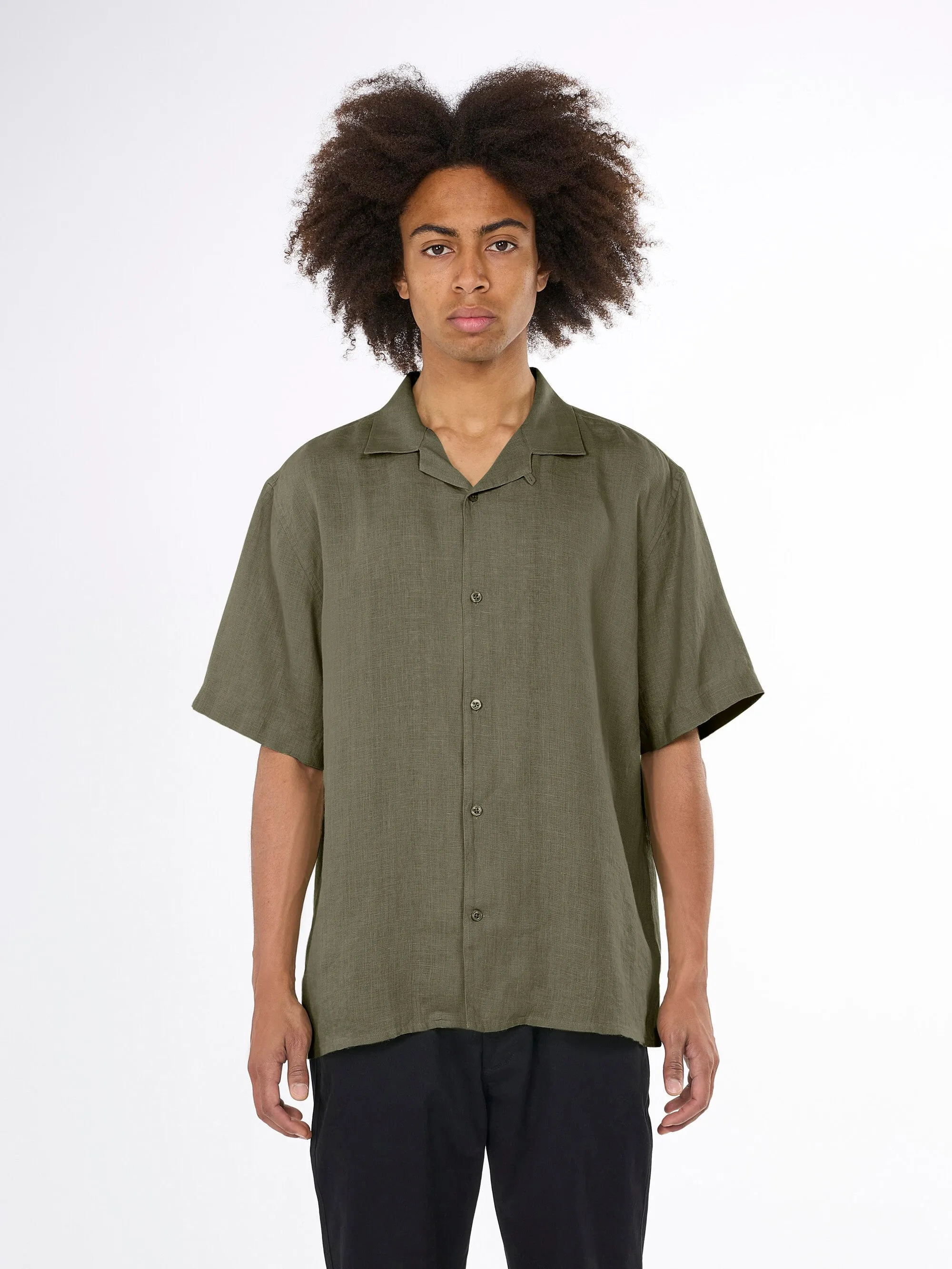 Box fit short sleeved linen shirt - Burned Olive Knowledge Cotton