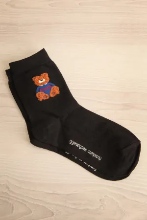 Cairo Black | Crew Socks w/ Fuzzy Bear Details