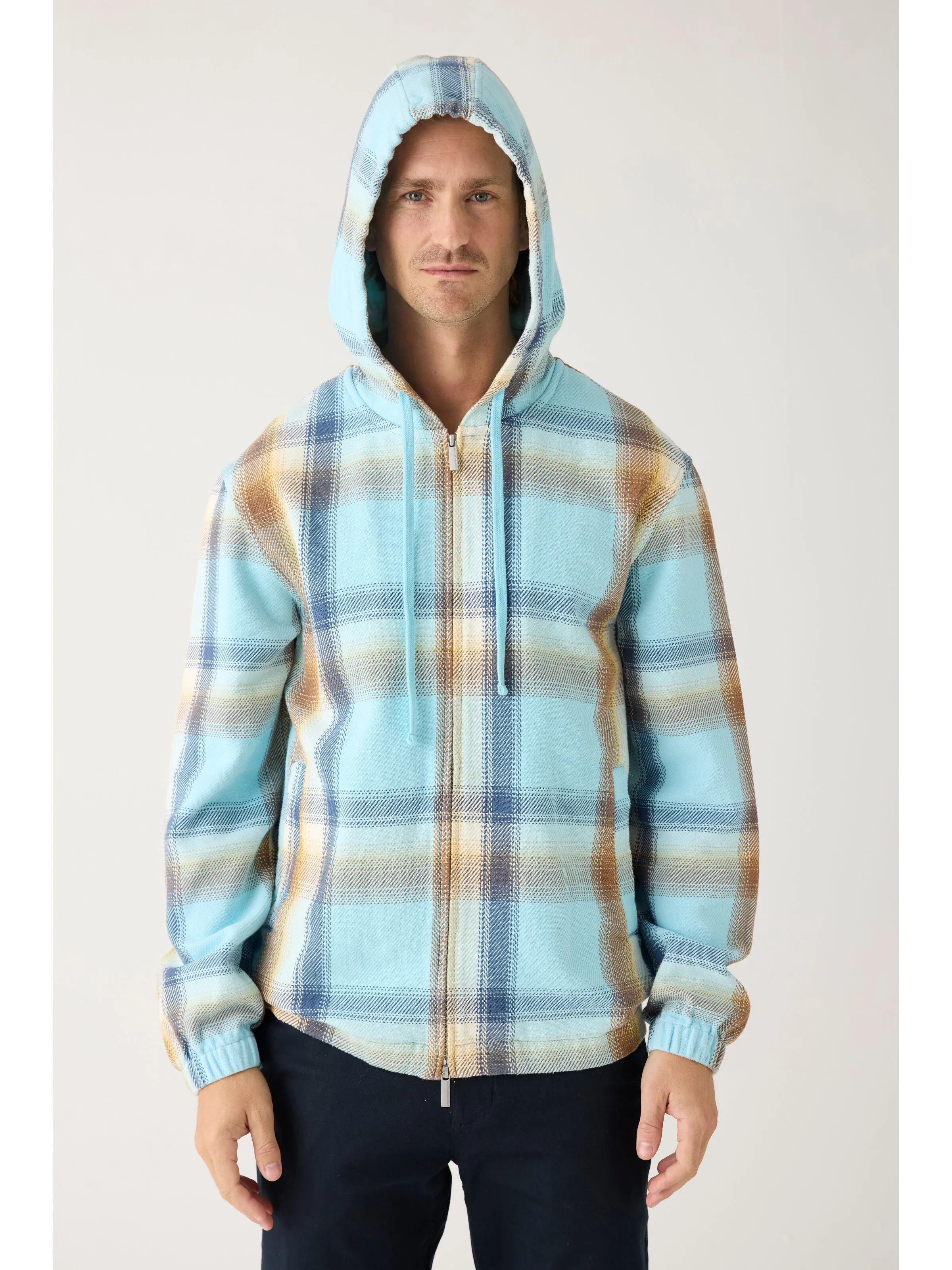 Checked hoodie twill zipper jacket - GOTS/Vegan - Navy Knowledge Cotton