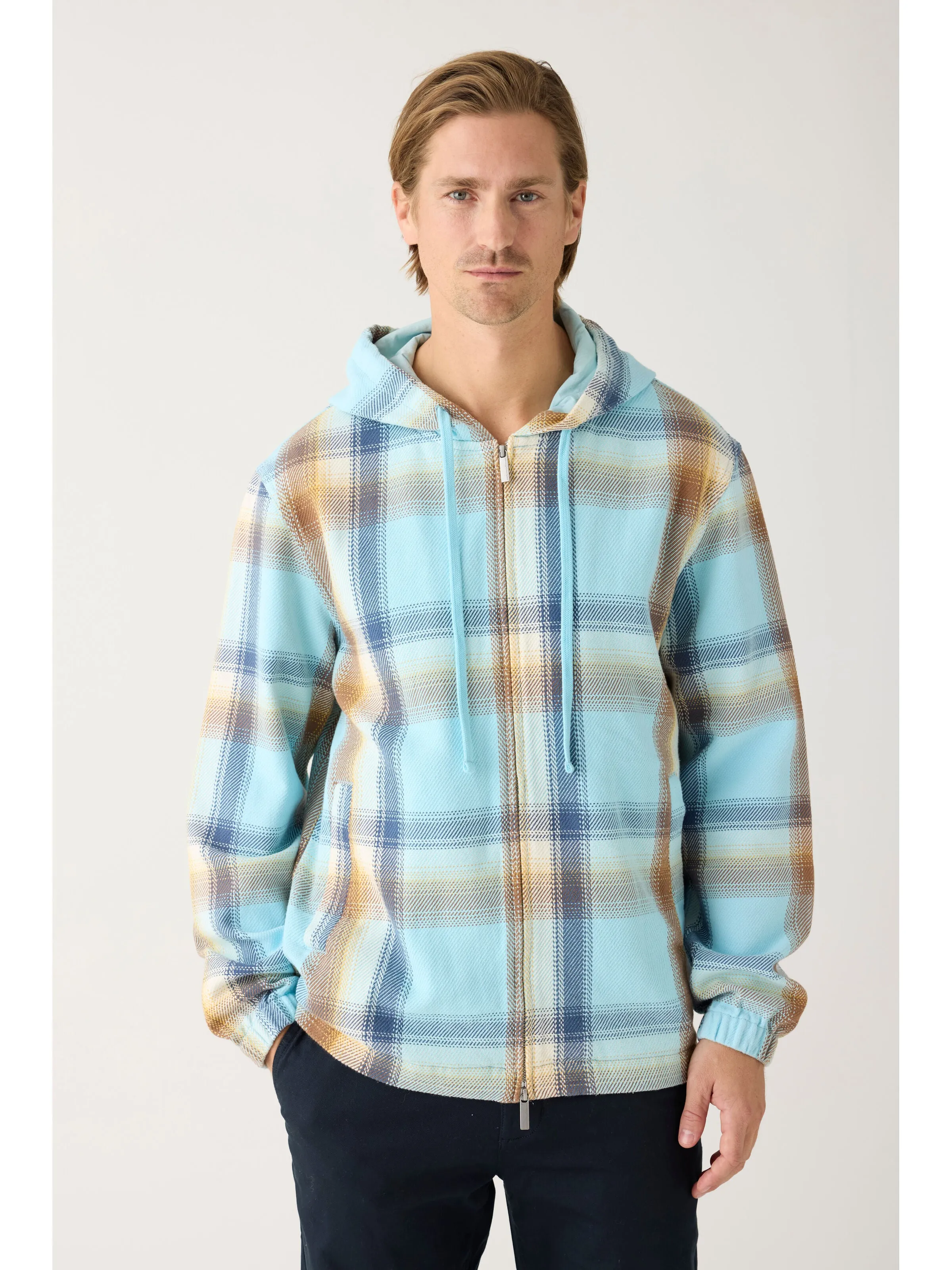 Checked hoodie twill zipper jacket - GOTS/Vegan - Navy Knowledge Cotton