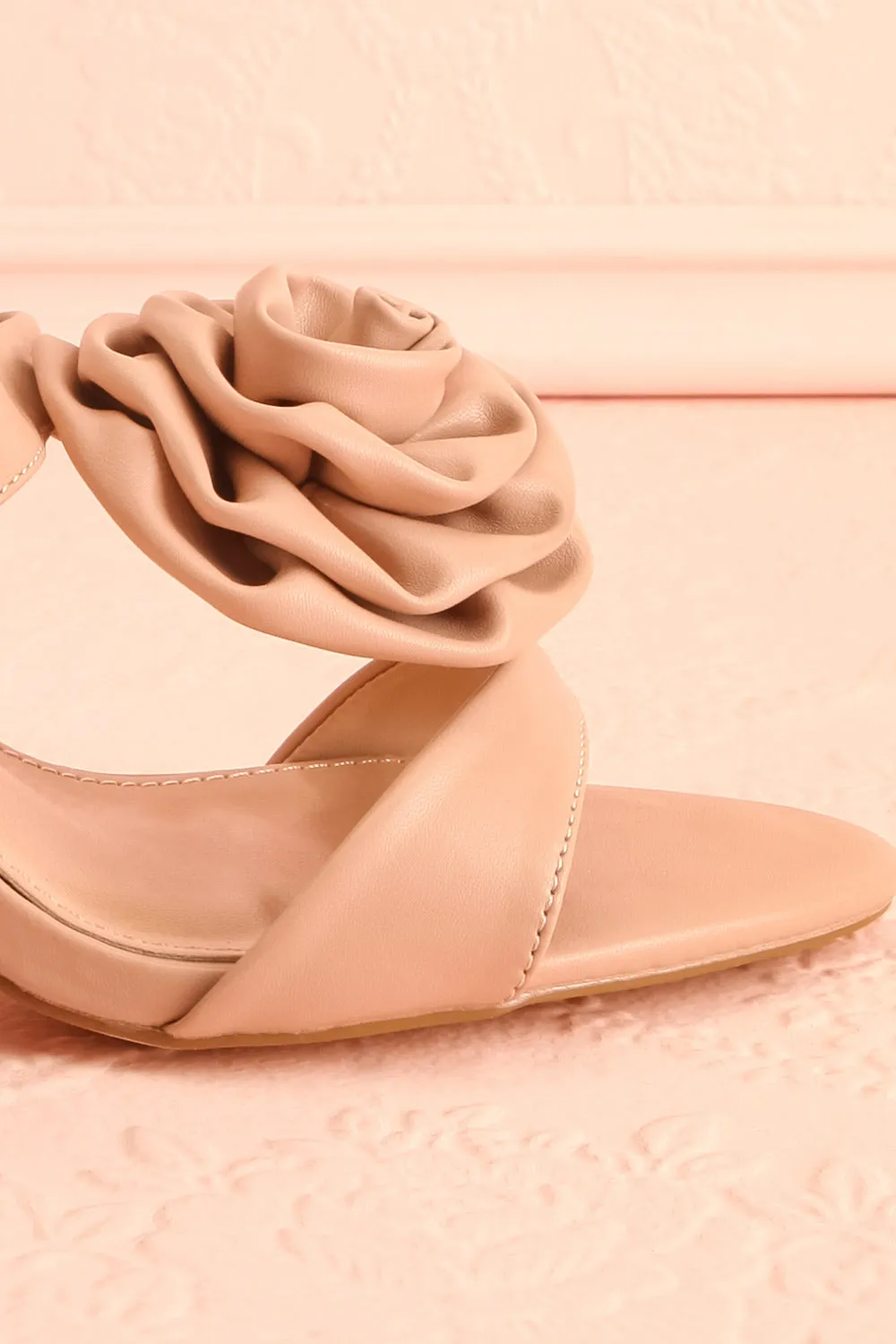 Cristine Beige | Faux-Leather Heels w/ Flower Detail