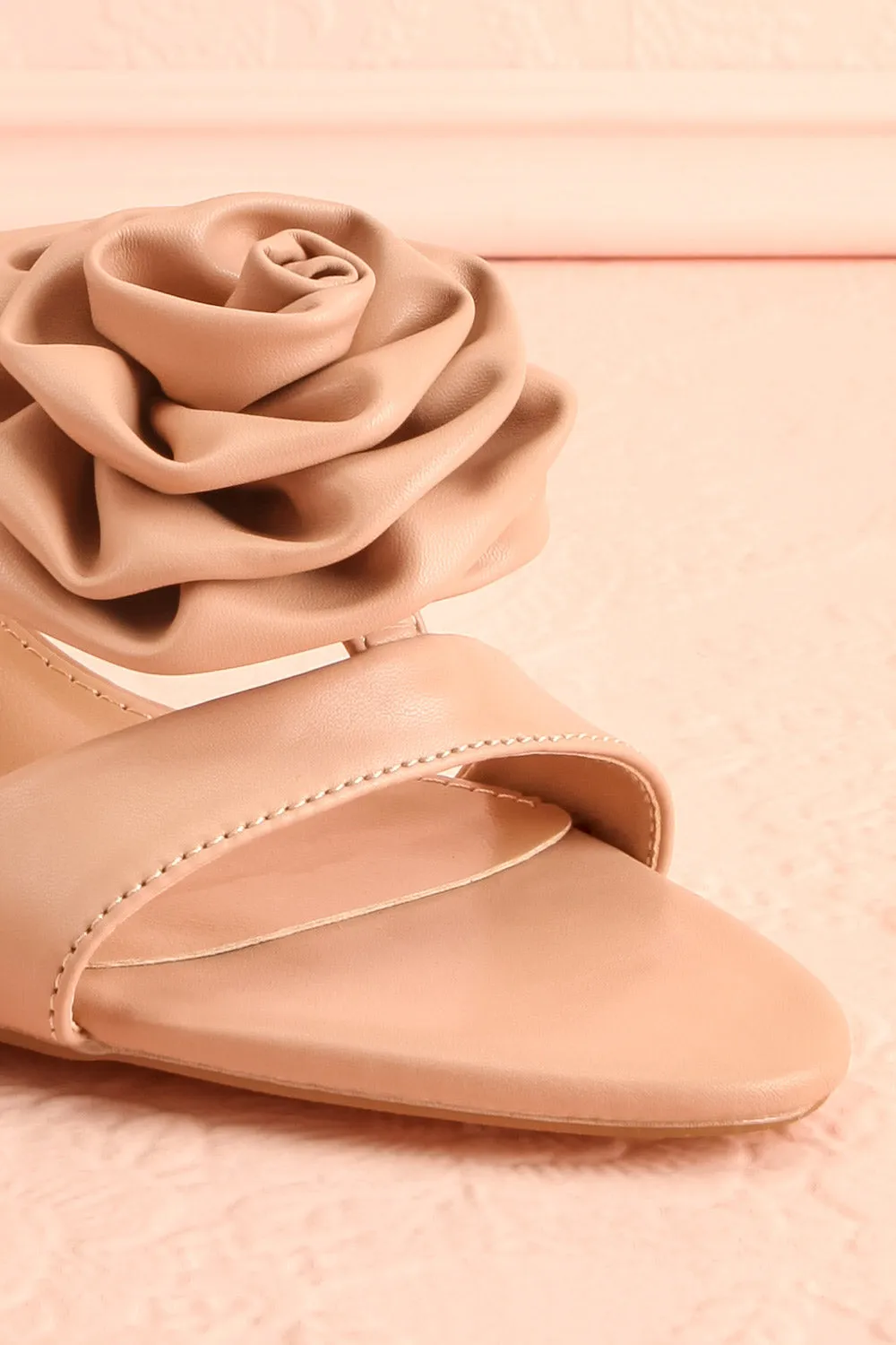 Cristine Beige | Faux-Leather Heels w/ Flower Detail