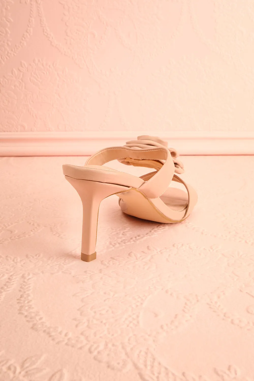 Cristine Beige | Faux-Leather Heels w/ Flower Detail