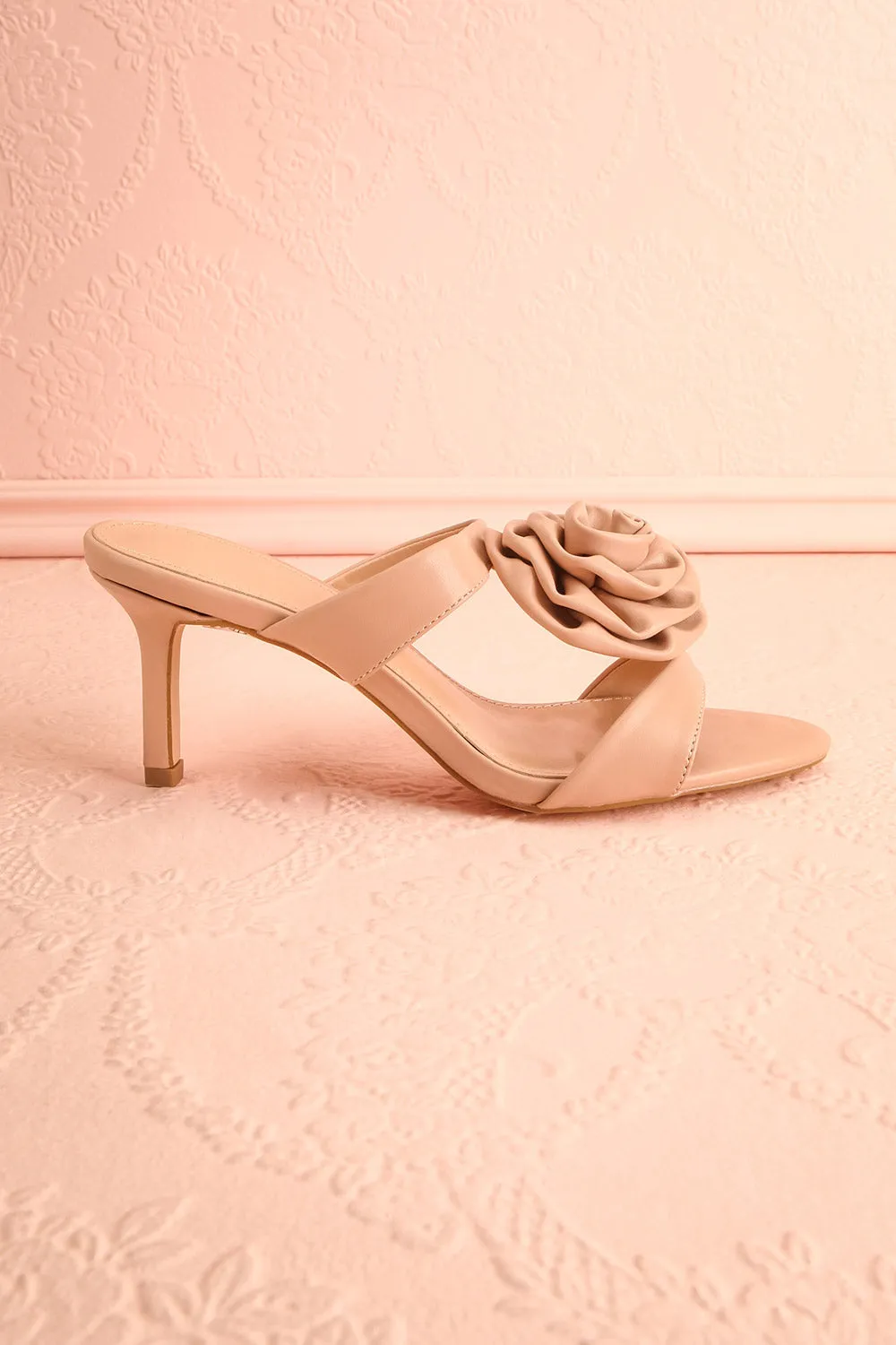 Cristine Beige | Faux-Leather Heels w/ Flower Detail