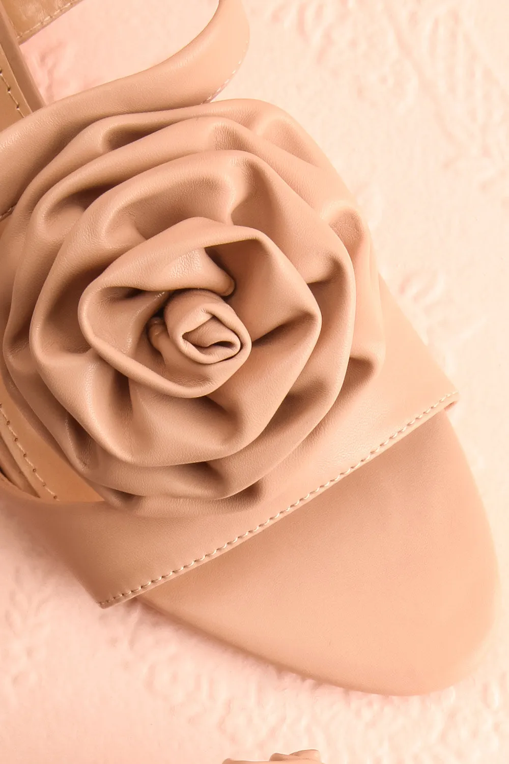 Cristine Beige | Faux-Leather Heels w/ Flower Detail