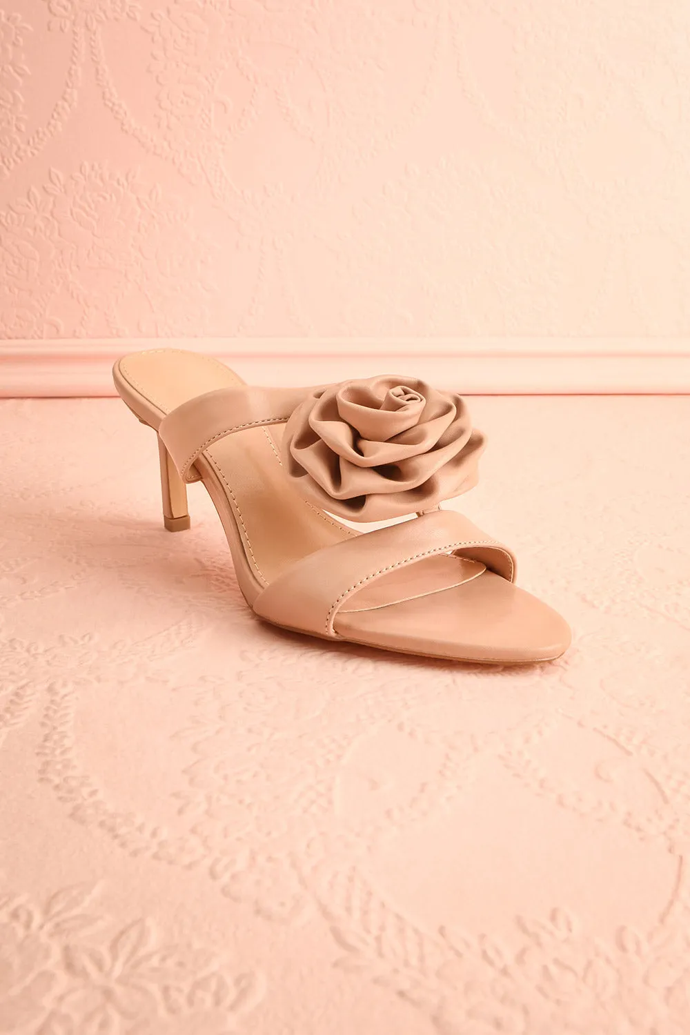 Cristine Beige | Faux-Leather Heels w/ Flower Detail