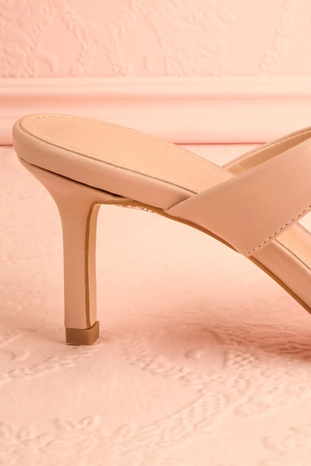 Cristine Beige | Faux-Leather Heels w/ Flower Detail