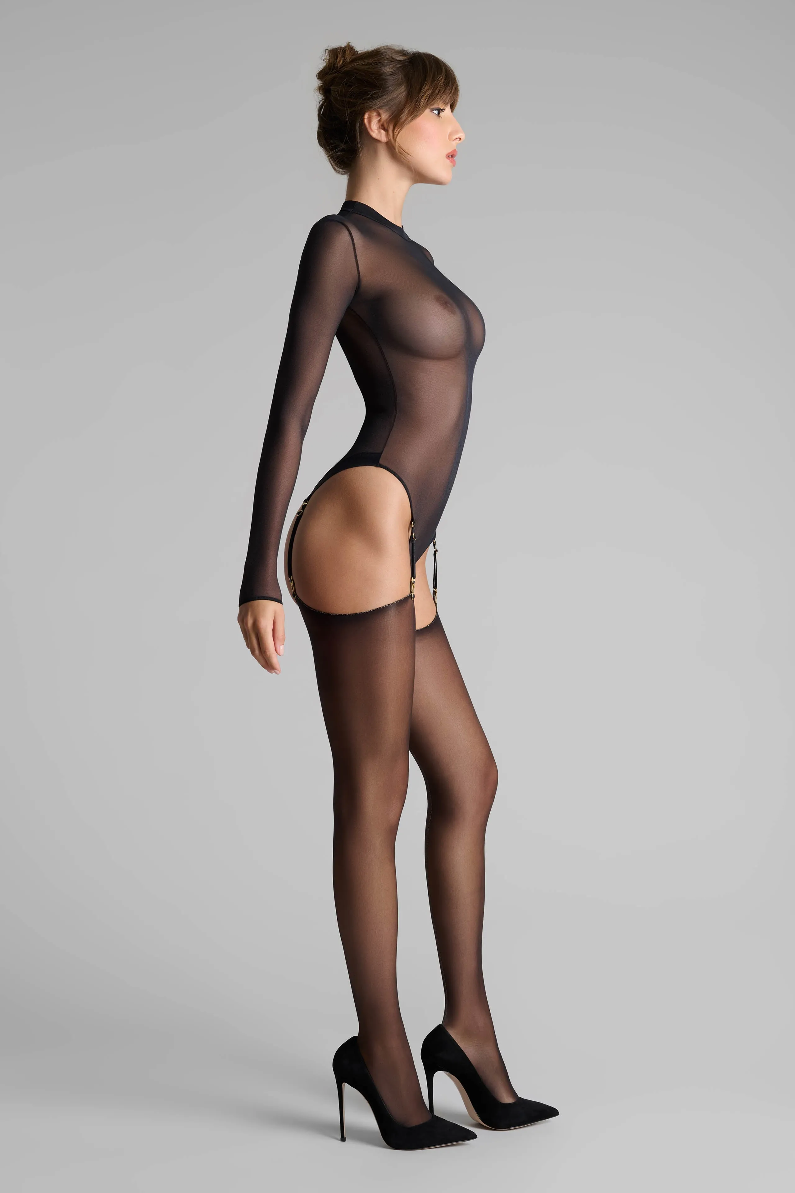 Cut and curled lurex back seamed stockings 20D - Black/Gold - Les Coquetteries Maison Close