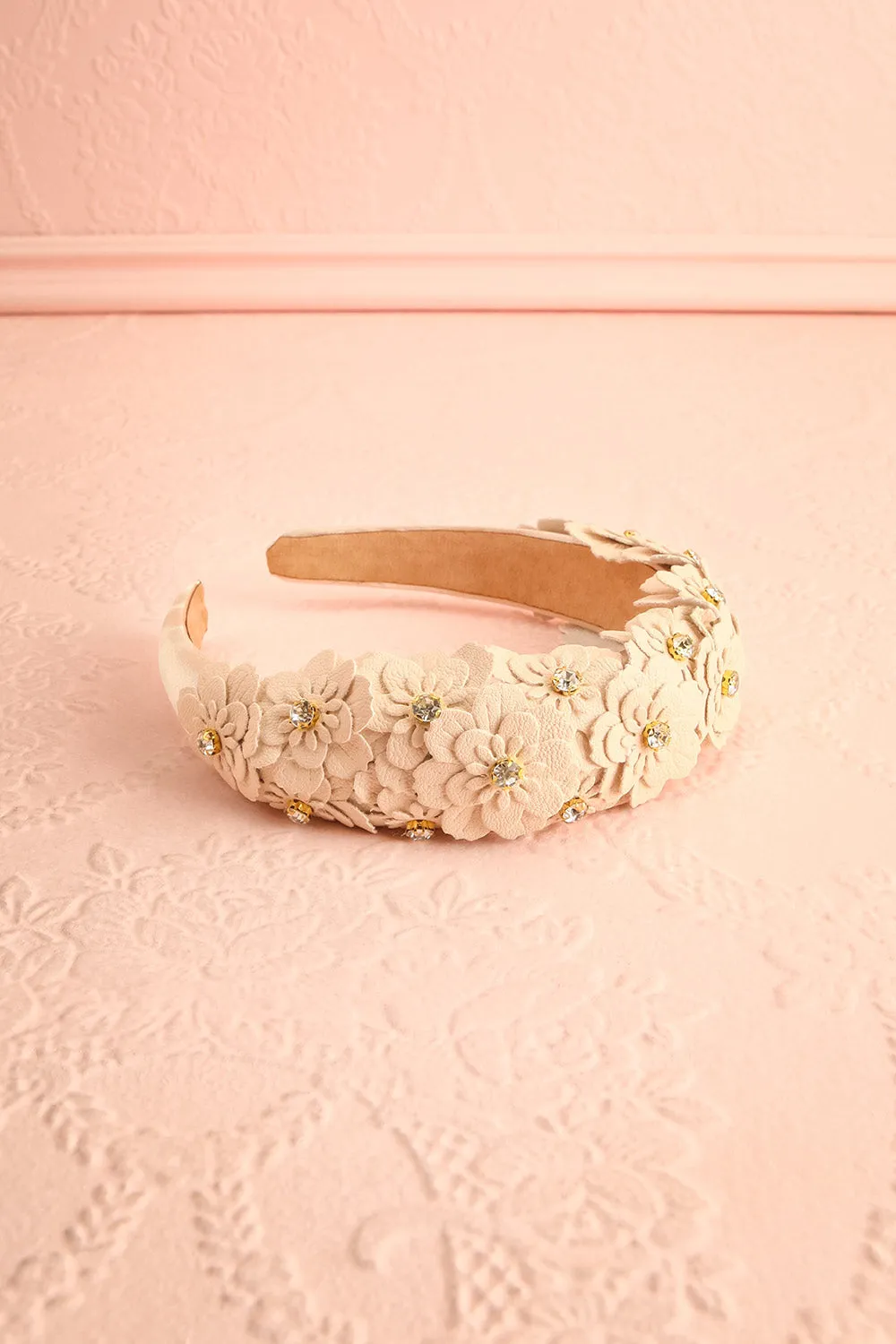 Gemmy | Beige Headband w/ Faux-Leather Flowers