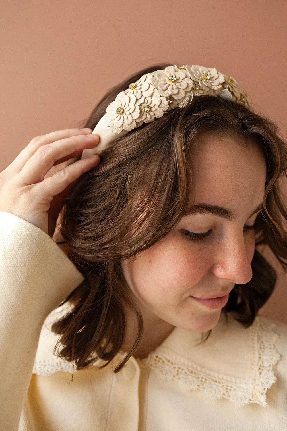 Gemmy | Beige Headband w/ Faux-Leather Flowers