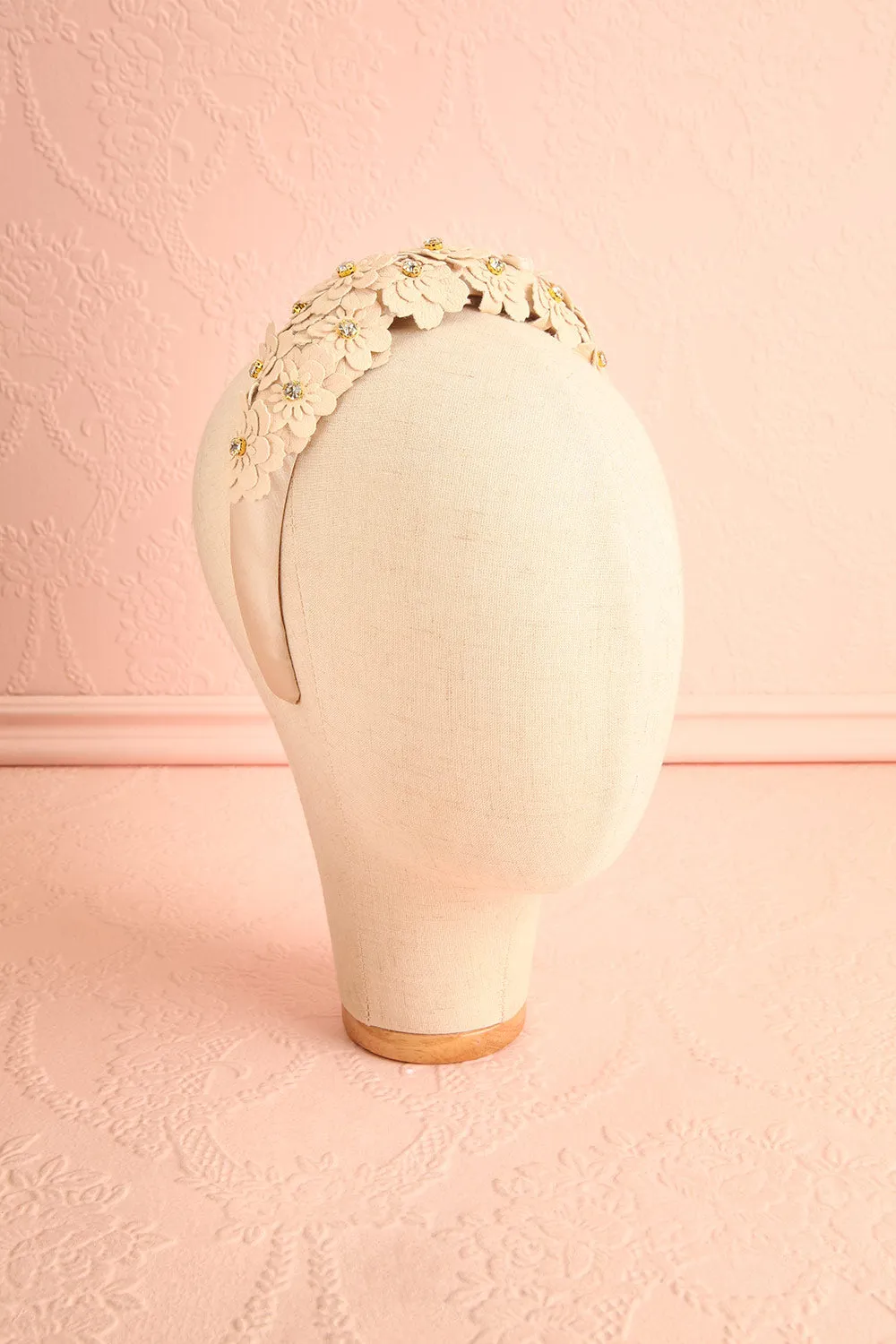 Gemmy | Beige Headband w/ Faux-Leather Flowers
