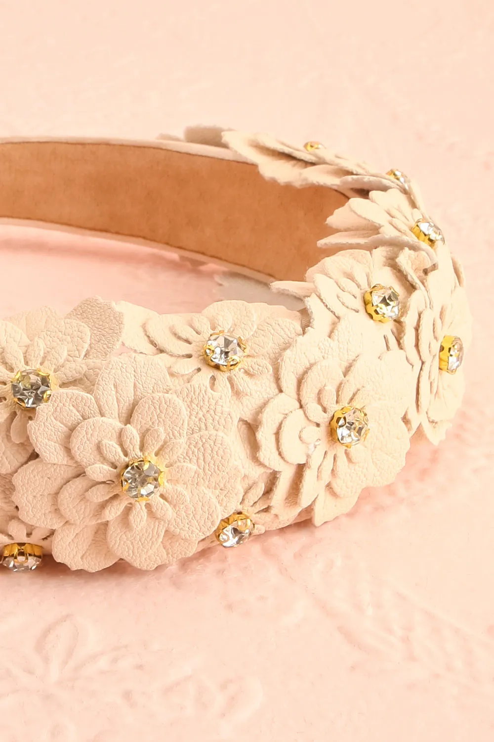 Gemmy | Beige Headband w/ Faux-Leather Flowers
