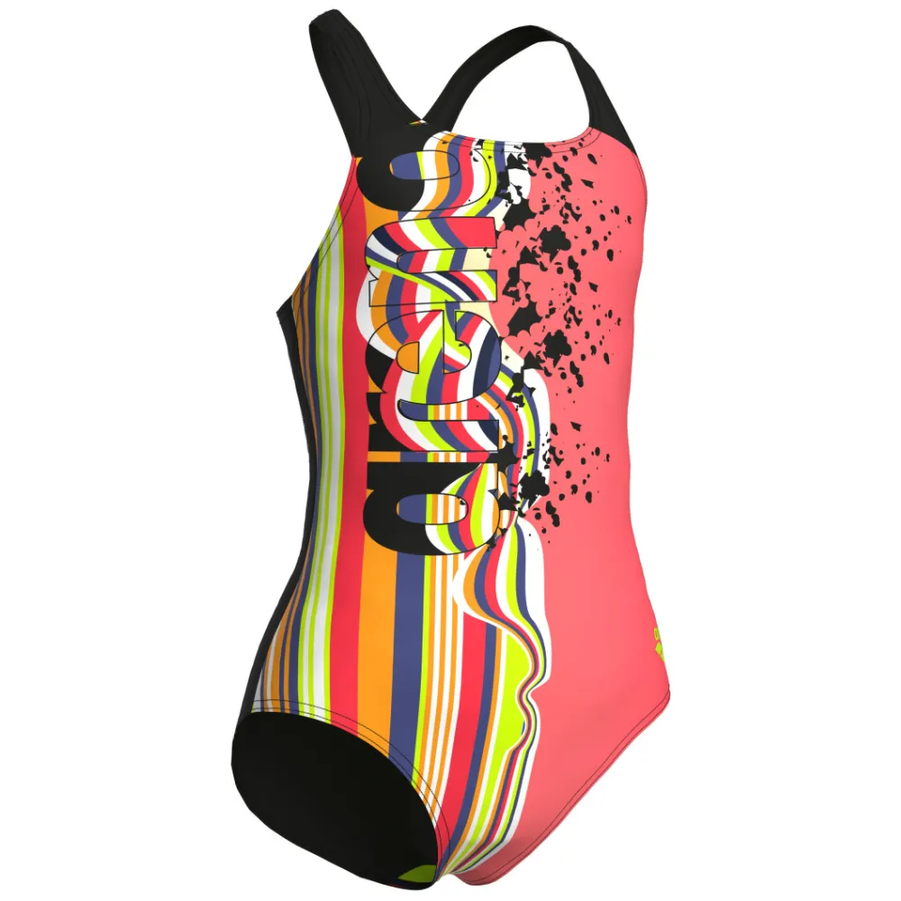 GIRLS' SWIMSUIT ARENA PALETTE SWIM PRO BACK - CALYPSO CORAL/BLACK/BLACK