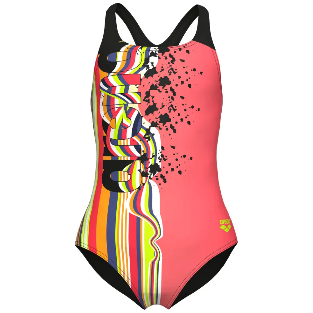 GIRLS' SWIMSUIT ARENA PALETTE SWIM PRO BACK - CALYPSO CORAL/BLACK/BLACK
