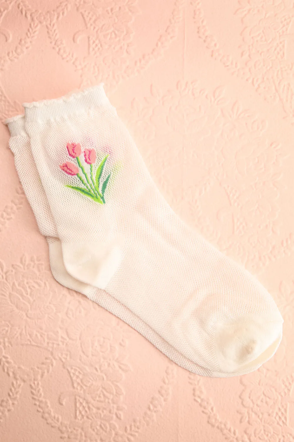 Gonata | White Mesh Socks w/ Tulips