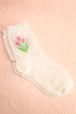 Gonata | White Mesh Socks w/ Tulips