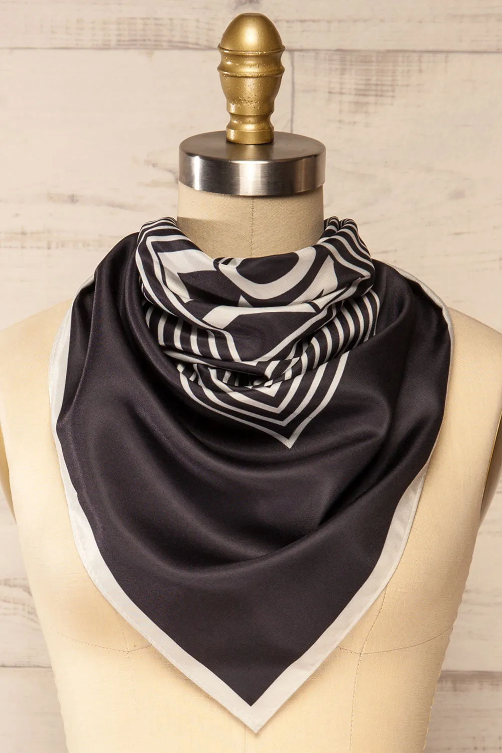 Hidaka Black | Satin Scarf w/ Geometric Print