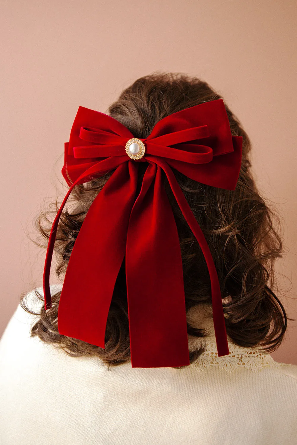 Karissa | Burgundy Velvet Bow Hair Clip w/ Pearl