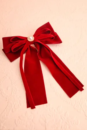 Karissa | Burgundy Velvet Bow Hair Clip w/ Pearl