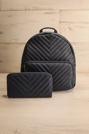 Lueur Navy | Faux-Leather Chevron Backpack & Wallet Set