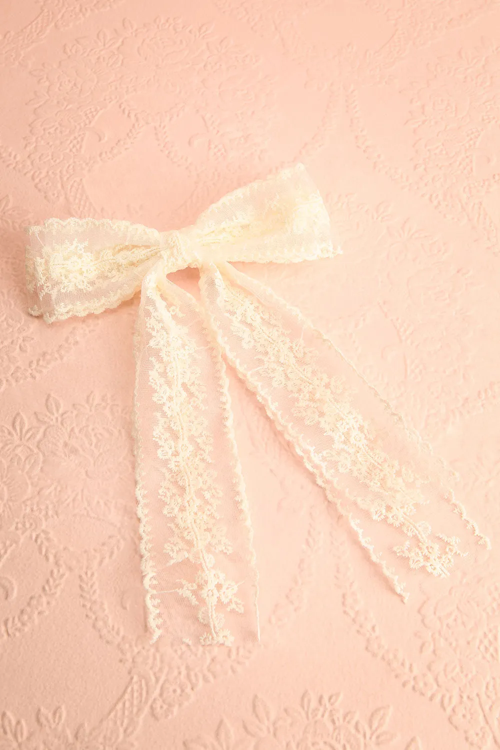 Minha | Ivory Mesh Bow Barrette w/ Embroidery