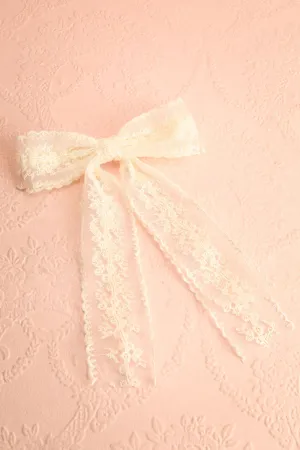 Minha | Ivory Mesh Bow Barrette w/ Embroidery
