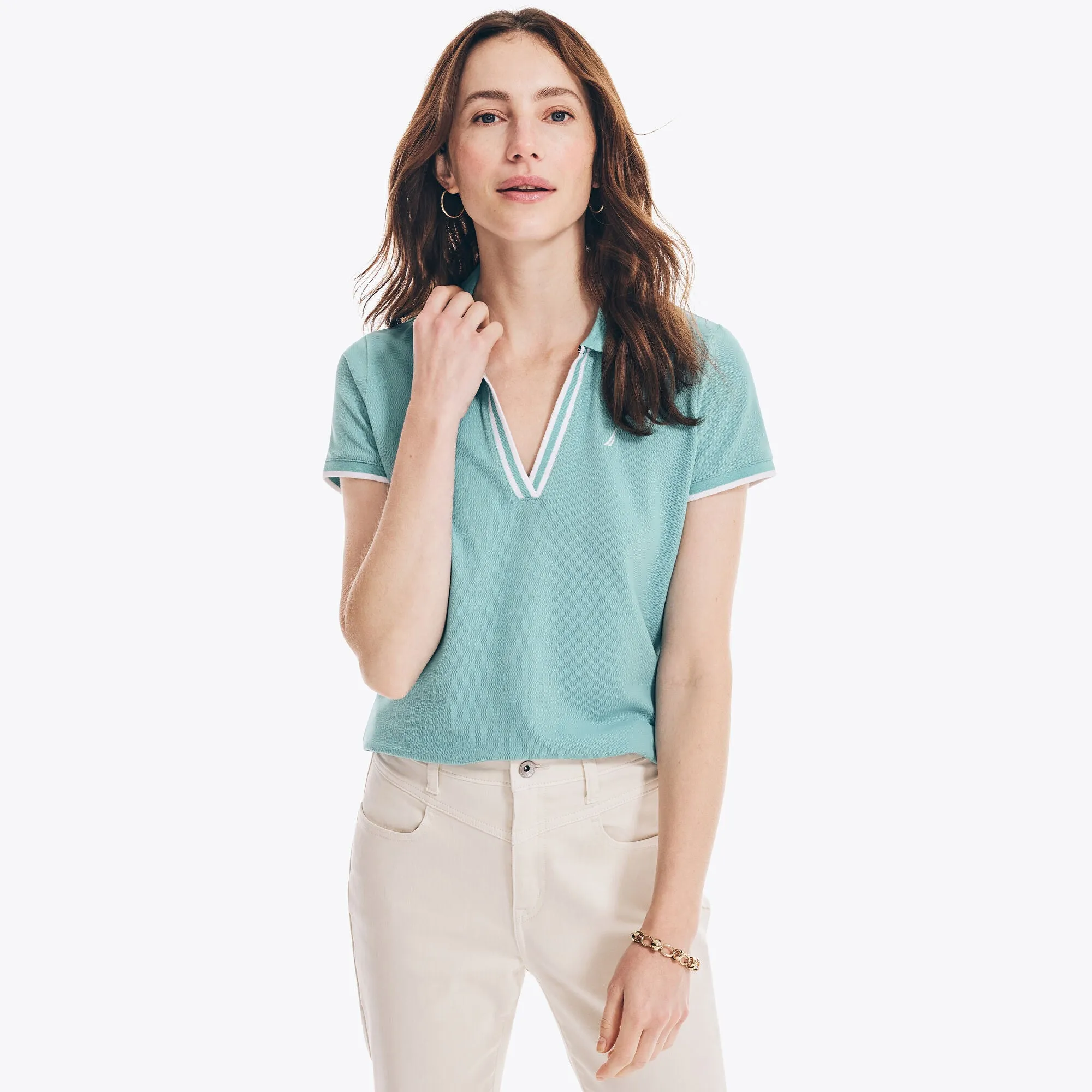 Nautica Womens Sustainably Crafted Ocean Split-Neck Polo