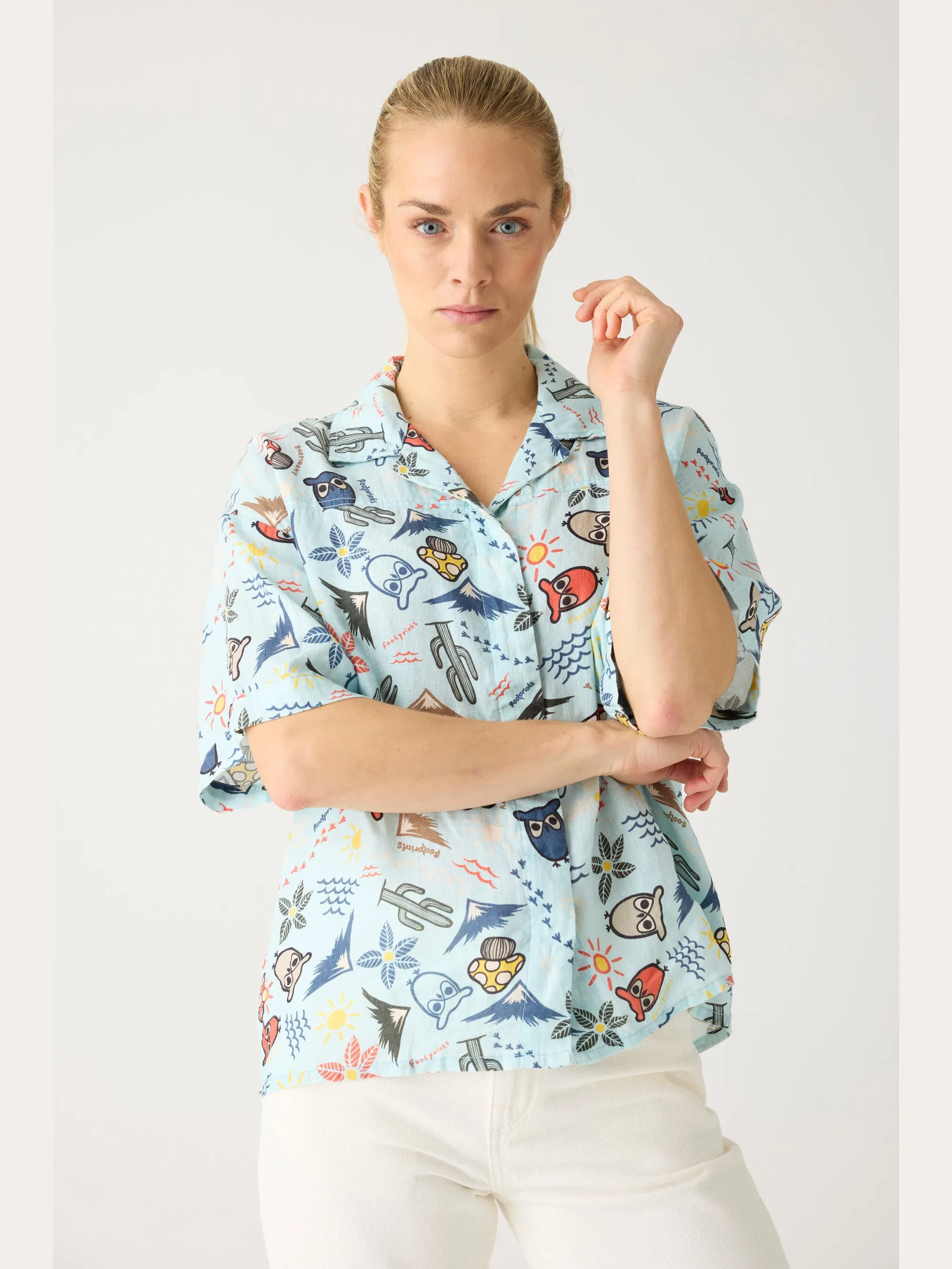 Owl cactus AOP short sleeved shirt - GOTS/Vegam - Aqua-Esque Knowledge Cotton