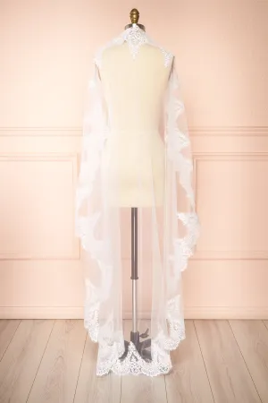 Polaris White | Tulle Wedding Veil w/ Floral Lace