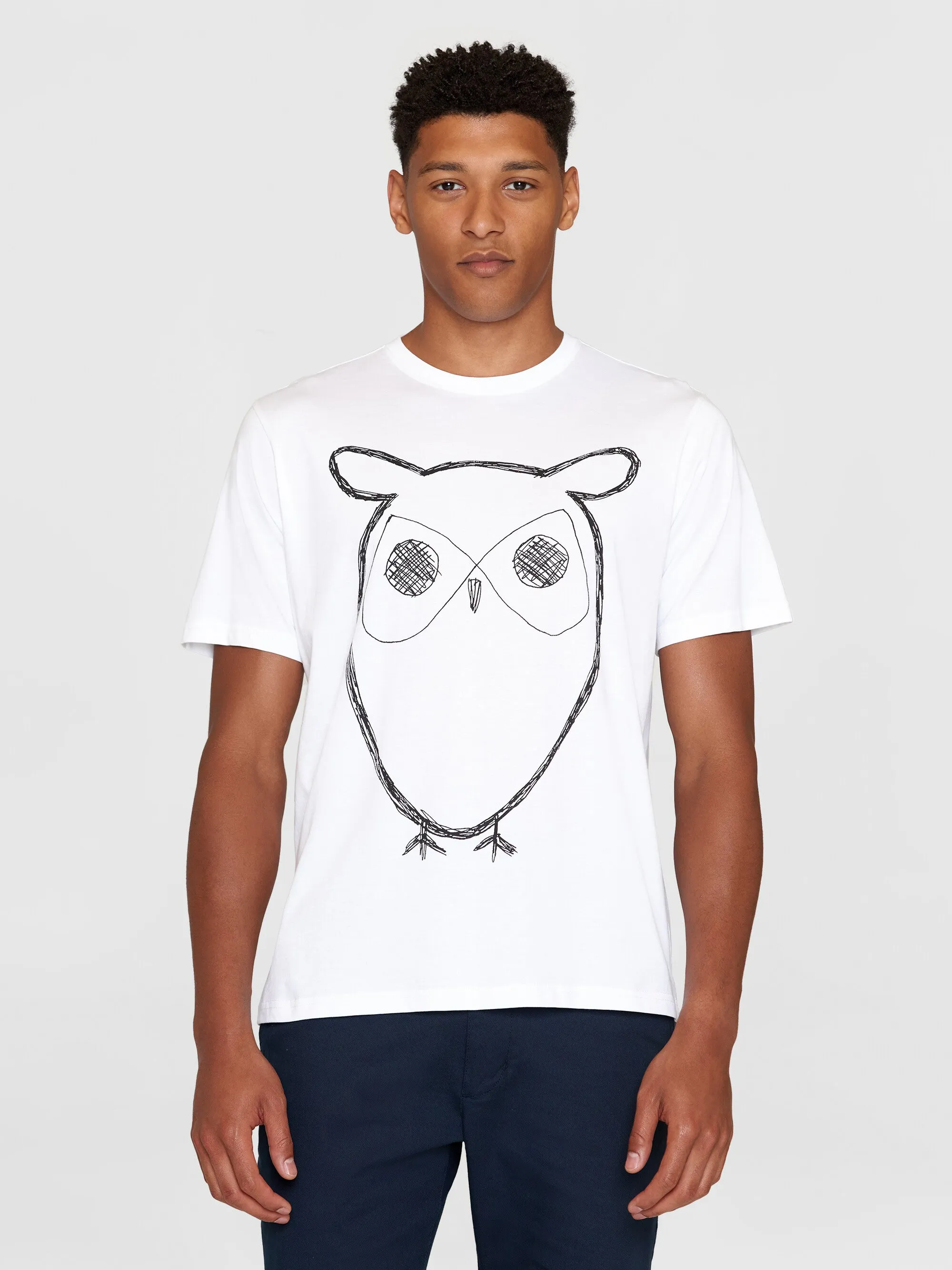 Regular big owl front print t-shirt - GOTS - Bright White Knowledge Cotton