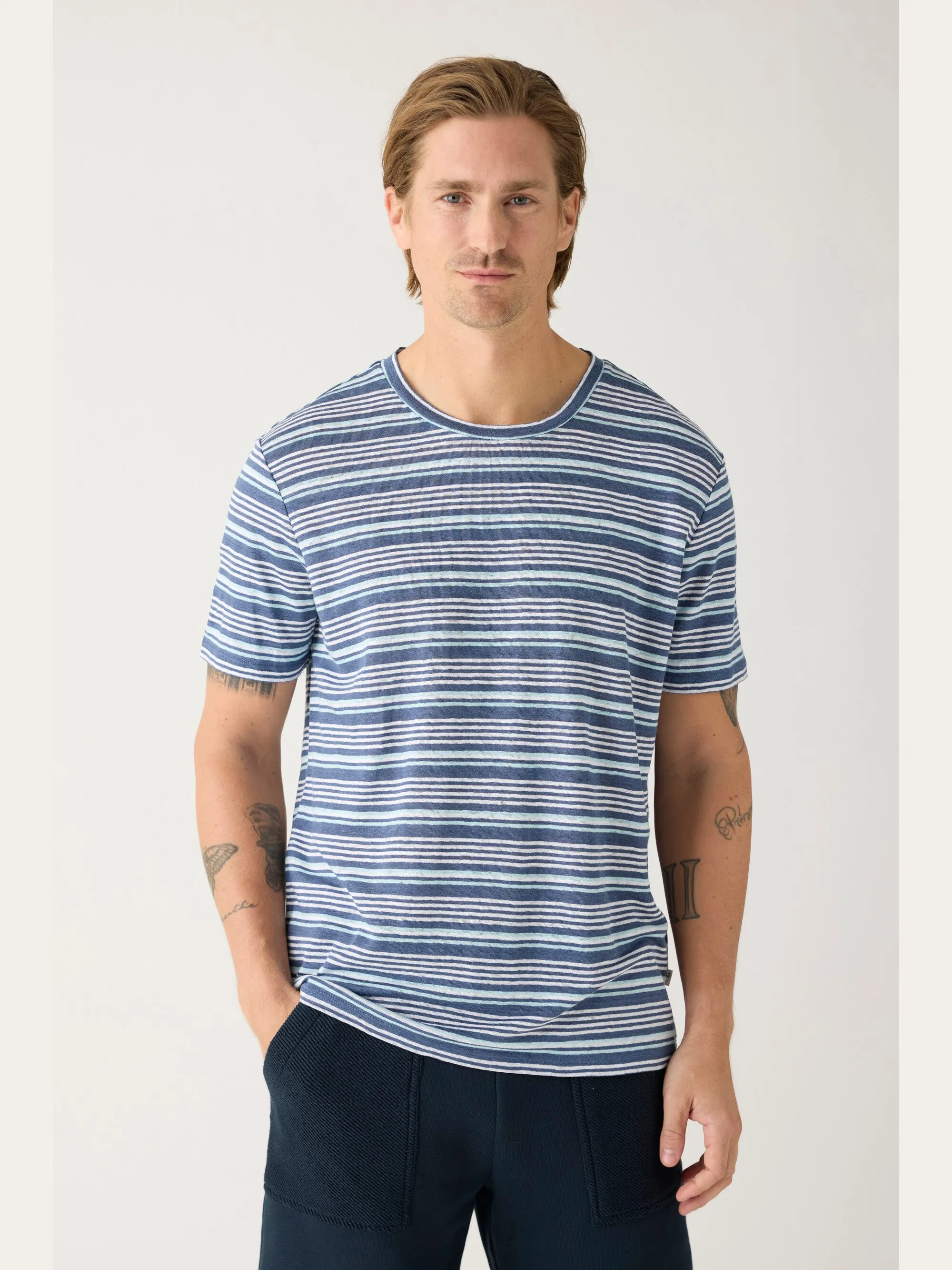 Regular linen striped t-shirt - GOTS/Vegan - Blue stripe Knowledge Cotton