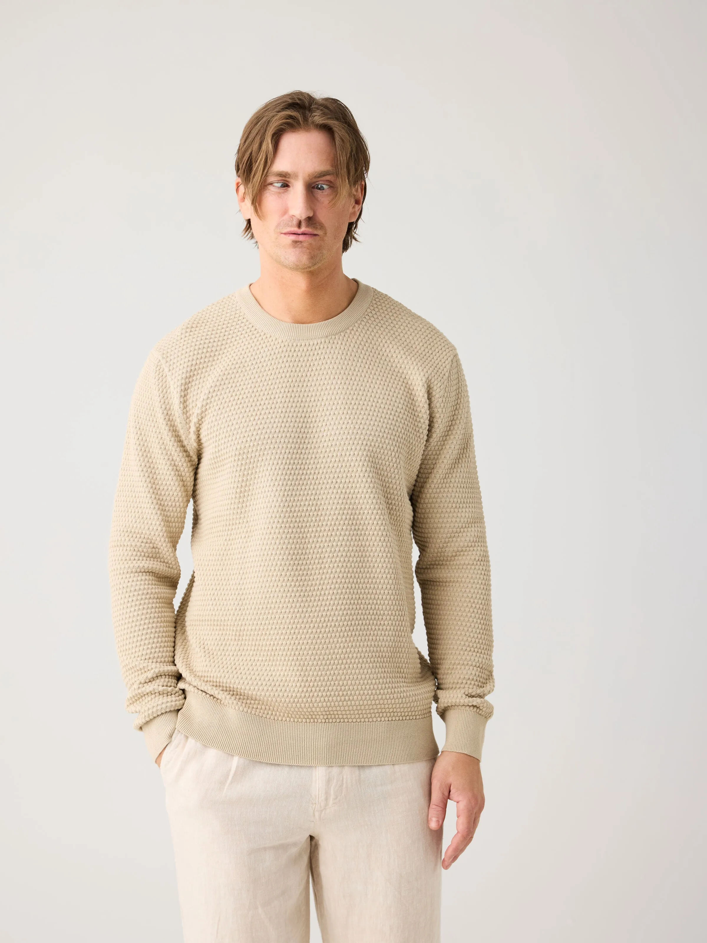 VAGN regular bubble knit crew neck - Regenerative Organic Certified - GOTS/Vegan - Light feather gray Knowledge Cotton