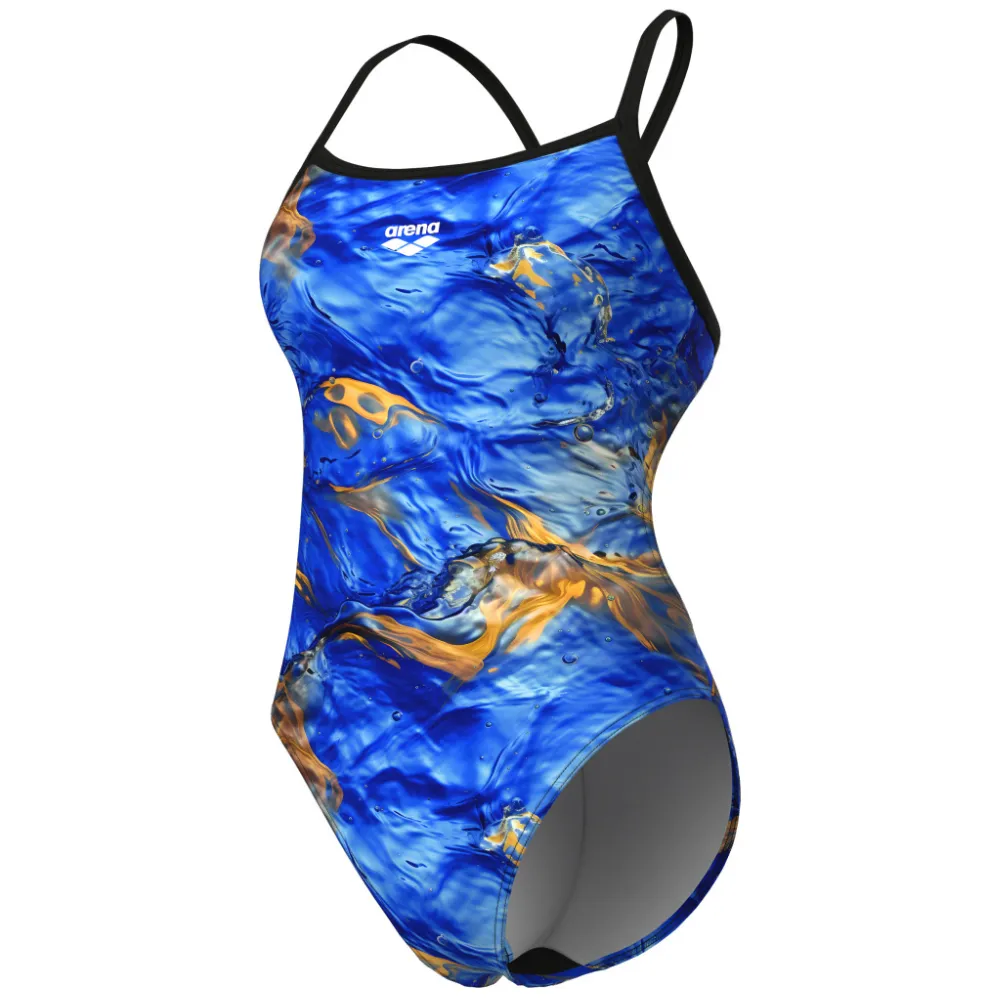 WOMEN'S SWIMSUIT ARENA GOLD LEAVES CHALLENGE BACK - BLUE RIVER MULTI/BLACK