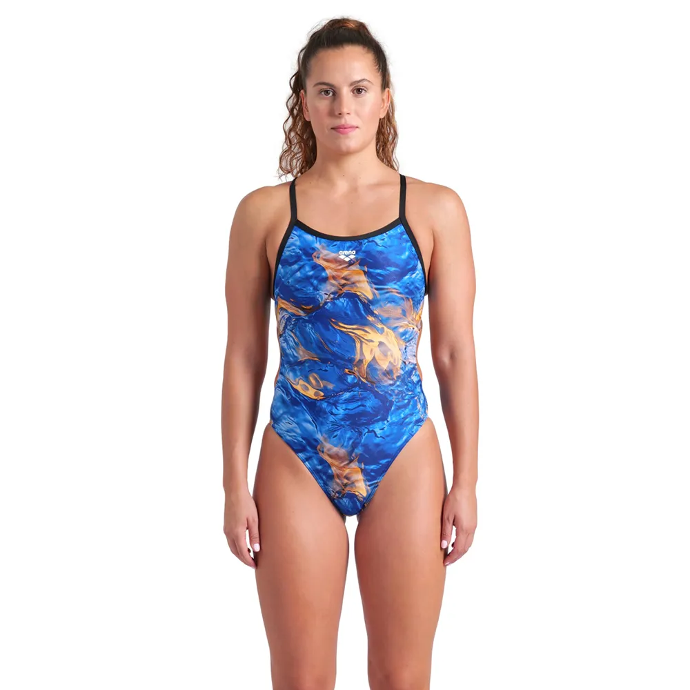 WOMEN'S SWIMSUIT ARENA GOLD LEAVES CHALLENGE BACK - BLUE RIVER MULTI/BLACK
