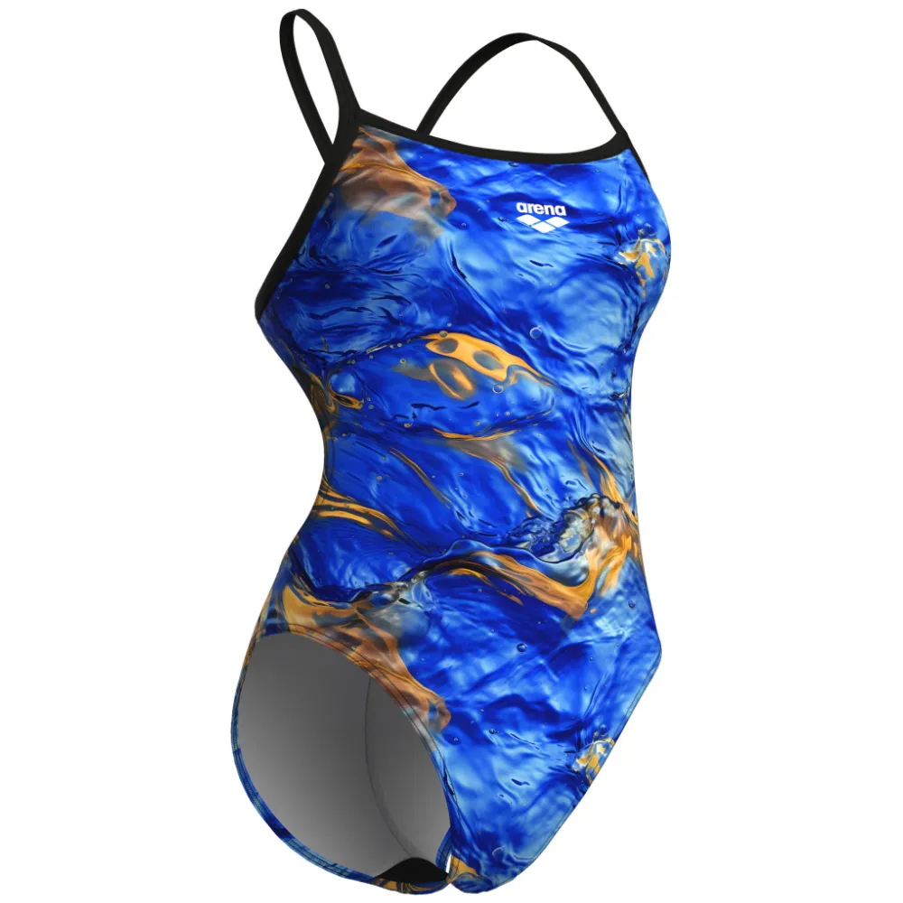 WOMEN'S SWIMSUIT ARENA GOLD LEAVES CHALLENGE BACK - BLUE RIVER MULTI/BLACK