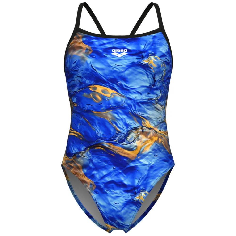WOMEN'S SWIMSUIT ARENA GOLD LEAVES CHALLENGE BACK - BLUE RIVER MULTI/BLACK