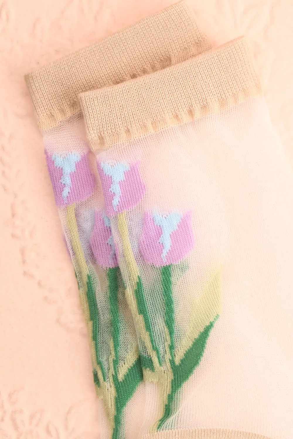 Zuwarah Beige | Sheer Mesh Crew Socks w/ Tulips