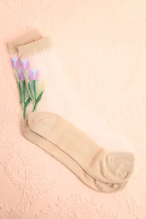 Zuwarah Beige | Sheer Mesh Crew Socks w/ Tulips