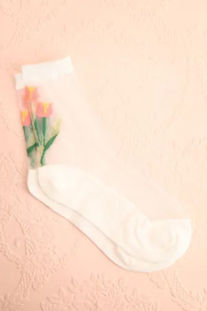 Zuwarah White | Sheer Mesh Crew Socks w/ Tulips